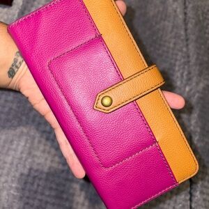 Fossil Fuchsia and Tan Leather Snap Wallet